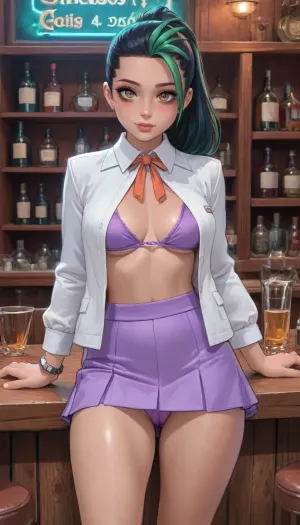 (reiq style), (nemona from pokemon:1.6), 18 years old girl, purple crop top jacket, white micro bra, purple panties, short skirt, (camel toe), detailed hazel eyes, (professional makeup, eyeliner, blush, mascara), long eyelashes, (high cheekbones:1.4), perfect nose, (full plump lips:1.2), (bar country:1.6), curvy, 1 girl, beautiful eyes, Melkor Mancin artstyle, score_9, score_8_up, score_7_up, (genshin, impact\), <lora:cartoon_stickers_xl_v1:.8>, <lora:ratatatat74-000050:1.3>, <lora:DetailedEyes_V3:2>