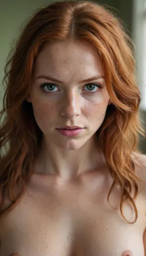 woman, female, 25 years old, long ginger hair, messy hairstyle, green eyes, freckles, extrem deep cleavage, eye contact, high detailed, portrait, nude small breasts, shaved pussy