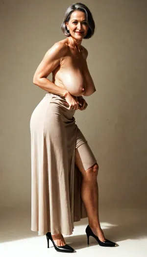 (((a full body view))), With 3 m of setback, (Mature woman, 69 years old:1.8), changing pose each time, skin of a 69-year-old woman, (skinny, small, old, grey woman with very short bob cut hair in a dress), (beautiful saggy hanging breasts out:1.2), seductive look, in a sunbeam, (warm ambient light:.8), fantasy, (dramatic:.3), (shadows:.4), Black high heel, nostalgia, golden hour lighting, blue eyes, smile, breast sway, hip sway from side to side, sexy look, anatomically correct, detailxl, hand, sagging, breasts, warm, light, style, <lora:sagging-000015:.5>, <lora:SDXLHighDetail_v6-000005:.5>