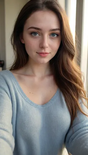 UHD 8K, cinematic masterpiece, maximum quality, maximum details, natural lighting, maximum realism, late afternoon, golden light, high contrast, (natural light), deep shadows, colorful picture, sunlight, score_7_up, score_8_up, score_9, 1girl, solo, intimate, sexual, insatiable, lustful, erotica, irresistible, detailed face, supermodel face, perfect eyes, very insecure 21yo college student, wants to be a good girlfriend, takes a topless selfie, dark hair, blue eyes, long straight hair, pale skin, freckles, knitted sweatshirt, heavy makeup, gorgeous girl, cutest face, curvy body, large tits, smiling wide
