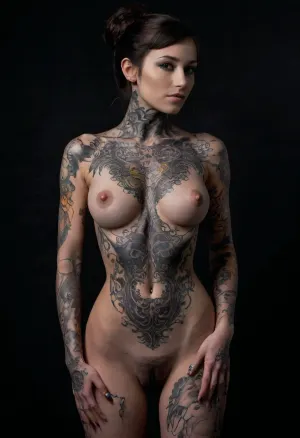 1 woman, beautiful, nude, detailed, tall, portrait, scenic view, full body tattoo front, full nude, body, dragon tattoo, (((in black background))), <lora:FBT-000002:.8>, <lora:h41ry:.8>
