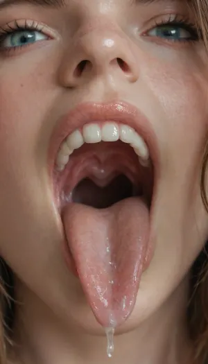 extreme close up of open drooling gaping pussy containing teeth and tongue, very pretty, very cute totally nude 19-year-old coed, flushing, blushing, orgasming