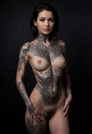 1 woman, beautiful, nude, detailed, tall, portrait, scenic view, full body tattoo front, full nude, body, dragon tattoo, (((in black background))), <lora:FBT-000002:.8>, <lora:h41ry:.8>, 