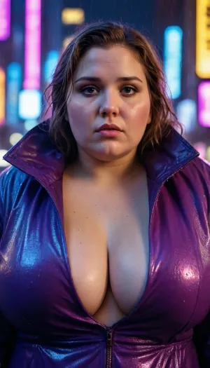 cinematic portrait of a mysterious obese woman, (25 years, large bust size), in the rain at night, futuristic city background with glowing neon signs, moody lighting, raindrops on her coat, intense gaze, cyberpunk atmosphere, deep blues and purples, cinematic framing, inspired by Blade Runner, high contrast, shallow depth of field bbw, venus, body, ass, <lora:Chubby BBW - XL:1.7>