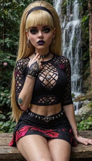 (Goth Pacifica Northwest from Gravity Falls:2), Pacifica has long beach blonde hair with bell-shaped bangs and dark blue eyes. She is wearing her signature fishnet goth attire with skirt. She wears extremely heavy purple eyeshadow and lavender hoop earrings. shiny lavender lip gloss, lavender earrings, big lips, in the woods, (thick thighs, curvy figure, voluptuous figure, massive boobs), thick bod, high resolution, ultra-detailed, detailed face, Pixar art style, photorealism hd, art, round face 1.3, melkor mancin art, seductive posing, shiny skin, sweat, steam, (nsfw:1.8), sexy goth pose, <lora:detailed_notrigger:2>, <lora:add-detail-xl:.8>, <lora:LCMTurboMix_Euler_A_fix:.8>