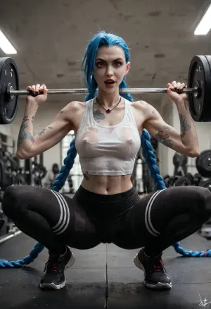 score_9, score_8_up, score_7_up, score_6_up, Uber realistic, 8k, ultra detailed, masterpiece, (Jinx:1.4), (Arcane), sweating, (highly detailed eyes), struggling expression, (erect nipples under cropped large athletic tank top, tight athletic leggings with camel toe), (squatting using barbell, body shaking, legs shaking), (gym, large mirrors, scattered workout equipment), (((motion lines, speed lines, sound effects))), (depth of field), (low light, soft focus, realistic, high quality, high contrast, highly detailed, rim lighting)