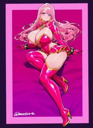 Magic girl suit, mini skirt, tiny suit, long hair, high heels, boots, pink hair, pink latex suit, golden earring, huge earrings, ball earrings, big breasts, latex suit, smile, open legs