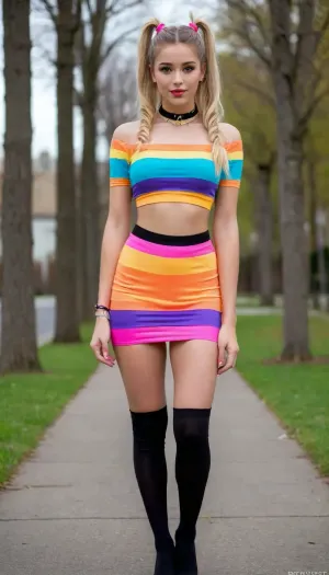 Beautiful 23-year-old white french Woman, light skin complexion, pretty face, perfect slender body, standing outside, (wearing slutty Internet pornstar outfit, (slutty hookup-hotshot style outfit with vibrant bright colors, revealing clothes, metallic accessories, choker collar, knee-high socks, high heels)), (embarrassed face, blushing, ashamed), (hair styled with twin ponytails, blonde highlights), full body and legs in view, ultra-high quality, highly detailed face.