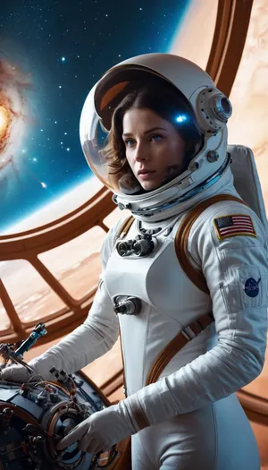 Cinematic, hyper-realistic, epic science fiction, far future, spacecraft drifting in front of the horse-head nebula, a beautiful brunette blue-eyed astronaut repairs the ship's transmitter dish in open space, she wears a skin-tight spacesuit like spandex.