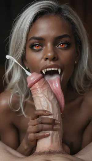 masterpiece, (mysterious black skin African vampire female with long fangs gives handjob to white cock:1.6), (huge cock in front of face, open mouth, drooling saliva and cum from her mouth:1.3), (long fangs:1.4), long silver hair, (ejaculation:1.2), (detail face texture), (vampire eyes), (very long tongue tease cock:1.4), looking at viewer