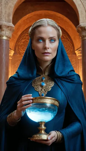 The Reverend Mother Bene Gesserit, a beautiful mature woman with glowing blue eyes, dressed in a simple dress with a gold necklace and a cloak with a hood thrown over her head, holds a precious cup made of gold and rock crystal filled with glowing Water of Life in her hands, preparing to perform the Spice Agony ritual at the order's residence on the planet Capitule, (the era of the Heretics of Dune), . Detailed textures, an atmosphere of mystery, high-resolution image, slight bokeh