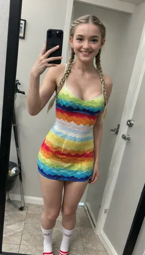 1 girl, (slim girl:1.2), (mirror selfie:1.5), frameless mirror, (all-black iPhone:1), (small empty white studio:1.8), (short body:1.7), (standing
girl wearing dress:1.7), (short dress:1.7), (strapless dress:1.7), ((colorful dress with Andean geometric figures:1.7)), (colorful dress:1.8), (pastel colors:1.8), (dress of thin fabric:1.8), (((very pale skin:1.9))), (long light brown hair:1.7), natural straight hair, ((wide hips:1.8)), (thick legs:1.7), ((firm round breasts:1.5)), (large natural boobs:1.8), ((very flirtatious smile:1.8)), (very happy:1.7), ((white very short socks:1.8)), (((perfect young pale skin:1.9))), ((French braided hair:1.7)), ((sexy tanlines:1.5)), (large nipples:1.5)