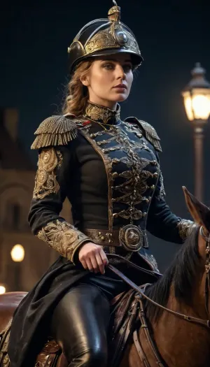 1910s Dieselpunk female hussar on horseback, riding horse, (1910s dieselpunk background), (night), full body, 1910s dieselpunk hussar armour and helmet, ultra detailed, intricate details, (photorealistic:1.2), 8k, UHD, warm side light, contrast, sharp focus, (masterpiece:1.2), detailed eyes, beautiful eyes, hyper detailed skin, hyper detailed nipples, hyper detailed breasts, natural breasts, natural body, average woman, 1910s