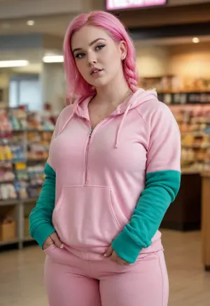 young realistic woman, pink hair, yellow highlights, braids, blue eyes, (chubby:1), protruding belly, large bust size, fat body, (blushing:1.5), green hoodie, zipper hoodie, grey sweatpants, ((bursting seams)), (burst open hoodie front), (torn waistband), seam gaps, stressed clothes, fresh market, realistic photo, masterpiece, 4K, skindentation, chubby, bbw, venus, body, ass, <lora:Chubby BBW - XL:2>