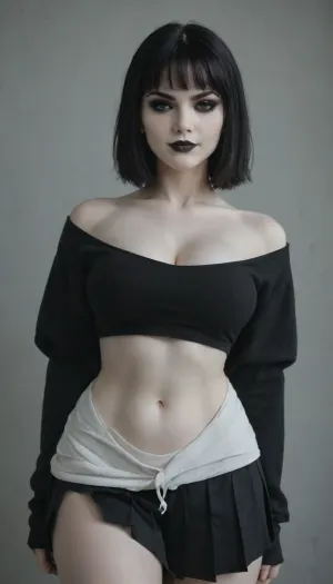 goth, (pale ash white skin:2.3), dark black eyes, medium black hair, bangs hair, (black eyeliner:1.5), (black lipstick), full lips, black sleeves, large full breasts, nice hips, perky boobs, pokies, low rise pleated skirt, smirk
