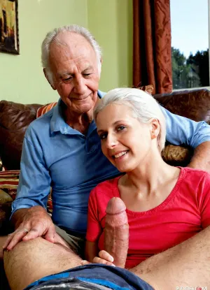 Well hung old grandfather is sitting with his old wife, real casual grandfather with giant cock, grandfather face, livingroom High detailed photo, high quality photo, professionnal photographer