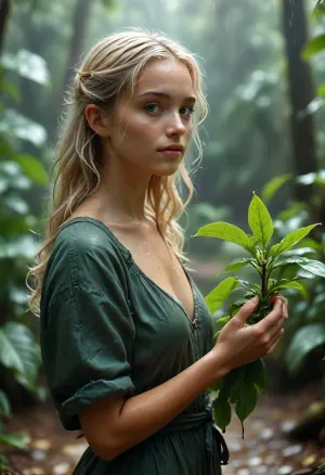 In the Amazon jungle, a, young female, light-blonde hair, wer hair, botanist, (collects medicinal leaves), at midday in the, (tropical rain:1.3), wet clothes, <lora:MJ52:.6>, <lora:aidmaFluxStyleXL-v0.2:.9>, BJ_Oxygen, girl, <lora:Oxygen girl_SDXL1.0:.8>