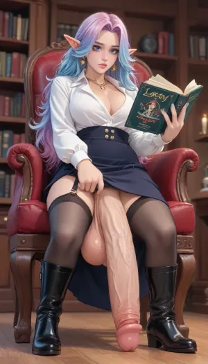 Score_9, score_8_up, score_7_up, reiq meets markgavatino and melkor mancin artstyle. Frieren, beautiful face, large eyes, gorgeous eyes., (((Tranny, transgender, shemale, femboy, ladyboy. Penis, testicles.))), ., (thick luxurious pastel hair, pastel hair, extremely long hair, hair fetish, colossally long hair, hair down to the ground with purple and blue highlights, multicoloured blue and purple accents), ((long elven ears)), long well manicured nails.

Thin waist, large hips, perfect hourglass figure, huge breasts, natural breasts, naturally sagging breasts, huge ass, colossal ass. Bubble butt, huge breasts, colossal breasts, natural breasts.

Massive breasts, huge breasts, colossal breasts, deep breast cleavage, squished breasts, bulging breasts, deep cleavage.

Librarian vibe, No bra, ((translucent cloths, skin tight cloths showing off her body, her top is too small to fit her breasts, breasts bulging out of cloths, short bursting open from her colossal breasts, nip slip)), breasts bulging out, can’t zip up suit over her massive breasts, breasts squishing into cloths, nipple bulge, trying to zip up jumper but her breasts won’t fit, ((breasts squeezed into cloths, breasts forced into cloths, breasts straining clothing, breasts bulging out of cloths, areola visible, clothing stretched from breasts)), ., ((Full body shot)), (((reading a book, reading fetish, librarian fetish))), camera from a low angle.

Golden earrings, golden jewelry, lots of jewelry, golden necklace, gold lip ring, lip ring, nose ring, gold nose ring.

In library, (((sitting in a comfortable armchair))), reading by candlelight, ((((up skirt, penis under skirt, very long flaccid penis, hyper long penis, extremely long penis hanging out below her skirt, ((penis drooping softly onto the ground)), floor dragging penis, penis visible, big testicles)))), .

Knee high boots, stockings with garter belt.

ratatatat74, <lora:ratatatat74-000050:1.6>, <lora:cartoon_stickers_xl_v1:.6>, <lora:futanari_XL:.8>