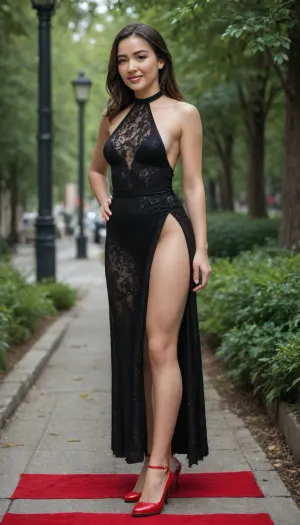 A photorealistic, high-resolution image of a young and adorable man standing in a well-lit, 1 girl, 19 years old, attracts attention, bathes in camera flashes, walks up the red carpet, turns halfway, leaves one leg to the side, shows off her graceful athletic body, a cute face with Asian features, cheekbones, professional makeup, thick eyebrows, a Hollywood wide smile, smile, a tall girl, long slender legs, pumped up butt, graceful arms, does a hand move, hands on her hips, dressed in a provocatively sexy dress with an extremely deep neckline that hides perfect voluminous natural breasts, open back, open shoulders, black dress with rhinestones with a large slit on the side, mesh dress, semi-transparent dress, intriguing dress, provocative glamorous dress