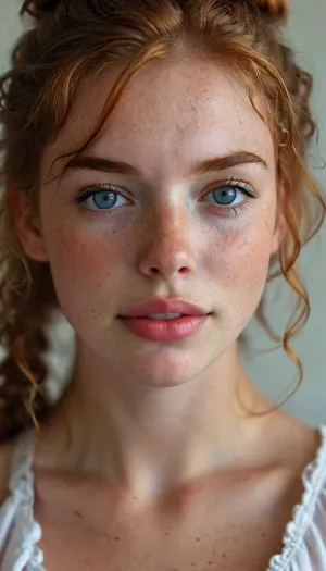 18 year old jewish girl, natural beauty, no makeup, (perfect gorgeous feminine beauty:1.3), (extremely sexy:1.3), (virgin, extremely horny desperately wants to be fucked, begging:1.5), wearing simple plain jewelry, choker around neck, very curly ginger hair, long face, (pale skin, no tan, no tan lines, detailed face, dimples, (full wet soft lips, extremely kissable lips, succulent lips:1.3), freckled nose, freckled chest, freckles), blue eyes, (messy ponytail, very curly ginger hair), (eye contact:1.2), (looking at viewer:1.2), (embarrassed, shy, hopeful smile:1.3), (very happy smile), perfect teeth, 4ng3l, face, Freckles, Natural, skin, <lora:MJ52:.8>, <lora:potrait-woman-v2:.8>, <lora:SDXL_BetterFaces-LoRA_v1:.8>, <lora:add-detail-xl:.8>, <lora:Cosine_freck:.8>