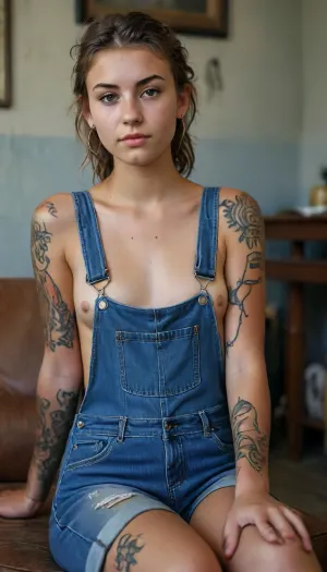 Gorgeous 18 year-old hipster woman wearing denim overalls with no shirt underneath, light makeup, tattoos, tanlines, medium breasts, <lora:MJ52:.8>, <lora:ahxl_v1:.8>, barefoot, sitting, foot, focus, dirty, feet, clean, <lora:SeatedSoles_V0.2:.8>