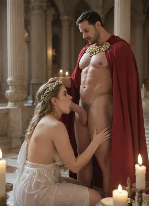 Roman Emperor, mature noble man, (showing his cock), commanding presence, wearing authentic Roman imperial armor, (lorica segmentata with gold inlays), crimson imperial cloak, (paludamentum), laurel wreath crown, aristocratic facial features, stern and wise expression, noble Roman lineage, kneeling lady, blowjob, standing inside a grand Roman palace, marble columns and classical architecture, warm candlelight illumination, cinematic atmosphere, (((cinematic lighting, candles, volumetric light))), sharp focus, depth of field