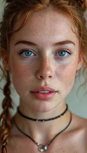 18 year old jewish girl, natural beauty, no makeup, (perfect gorgeous feminine beauty:1.3), (extremely sexy:1.3), (virgin, extremely horny desperately wants to be fucked:1.5), wearing simple plain jewelry, choker around neck, very curly ginger hair, long face, (pale skin, no tan, no tan lines, detailed face, dimples, thin lips, freckled nose, freckled chest, freckles), blue eyes, (messy ponytail, very curly ginger hair), (eye contact:1.2), (looking at viewer:1.2), (embarrassed, shy, hopeful smile:1.3), (very happy smile), perfect teeth, 4ng3l, face, Freckles, Natural, skin, <lora:MJ52:.8>, <lora:potrait-woman-v2:.8>, <lora:SDXL_BetterFaces-LoRA_v1:.8>, <lora:add-detail-xl:.8>, <lora:Cosine_freck:.8>
