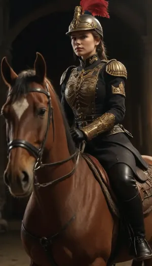1910s Dieselpunk female hussar on horseback, riding horse, (1910s dieselpunk background), (night), full body, 1910s dieselpunk hussar armour and helmet, ultra detailed, intricate details, (photorealistic:1.2), 8k, UHD, warm side light, contrast, sharp focus, (masterpiece:1.2), detailed eyes, beautiful eyes, hyper detailed skin, hyper detailed nipples, hyper detailed breasts, natural breasts, natural body, average woman, 1910s