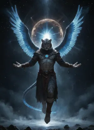 Gray furry anthro tiger male in sparkling magical mantle, furry, gray furr, spreading arms, (floating), in blue glowing aura, surrounded by a vortex of souls, cosmic space background, no ground, full body view, high resolution, high quality, detailed, realistic, <lora:detailed_notrigger:2>