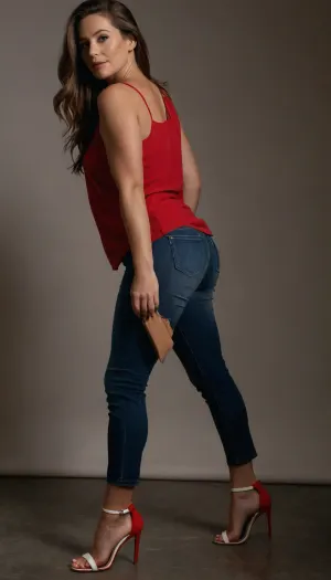 A confident, attractive 47 years old woman with a curvy, feminine figure and a naturally sexy, mom-like body. She has long, straight brown hair styled in a flawless ponytail. Her outfit consists of a sleeveless, loose red top, paired with tight dark-blue skinny jeans. She wears sleek white high-heeled strappy sandals with ankle straps and slim heels, elongating her legs., feet, <lora:feet-XL:.8>