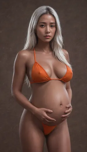 1 girl, ((pregnant)), ((perfect body)), girl fucked, ((Masterpiece, best quality, high definition, 8k, ultra-detailed, perfect illumination, finely detail, highly detailed face, highly detailed body, realistic hands)), ((eye contact:1.2)), ((see the whole body)), 35yo, (MILF), ((dark Asian:1.9)), ((black and orange underwear:1.2)), ((realistic pregnant)), ((realistic face)), ((realistic face:1.5), ((beautiful face)), (long white hair:1.7)), (wetting crotch:1.2)