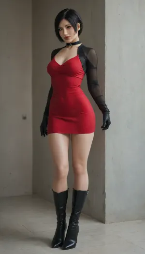 A fitted burgundy long-sleeved dress, with black harnesses, high-heeled over-the-knee boots, and black gloves., re, ada, wong, re2, style, re4, incognito, <lora:re ada wong:.8>