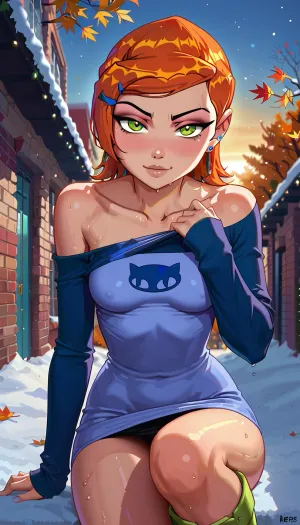 girl wearing a black micro dress, sweater, big green eyes, overknee winter boots, long hair, seductive eyes, cute face, sweedish girl, orange hair, soft lips, extreme snatched waist, dynamic angle, sweater pull down, autumn fashion, sunset, nia, 1girl, large, boobs, tits, supermodel, face, lips, green, blue, brown, perfecteyes, gwen, tennyson, (/Ben10), /, (ultra, HD, quality, details), bright, orange, hair, short, (green, eyes), <lora:bombshell_v2:.8>, <lora:Beautify-Supermodel-SDXL:.9>, <lora:PerfectEyesXL:.6>, <lora:style_lora_realis:.8>, <lora:Gwen Tennyson (Ben10) - XL SCXL V1.0:.8>