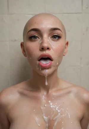 (Young:1.18), years old, background wall lined with white tiles, (studio lighting, professional photo in Ultra HD format), hyperactive model, very gentle doll-like face, freckles, big lips, long eyelashes, big eyebrows, big brown eyes, upturned nose, bald head, naked, perfect body average height, thin, perfect large breasts, standing, (full height), (full body), hands behind back, (mouth wide open:1.7), (mouth full of cum:1.7), ((cum on face)), ((a lot of cum on the face)), ((cum on the head)), ((cum flows out of mouth)), ((cum on body)), (very much cum:1.7), (huge amount of cum:1.7)