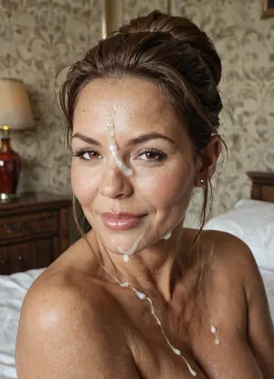 score_9, score_8_up, score_7_up, score_6_up, mature_female, milf, cougar, mature_body, mature_face, 1girl, solo, brown_hair, looking_at_viewer, brown_eyes, realistic, lips, cum_on_hair, cum, nude, facial, portrait