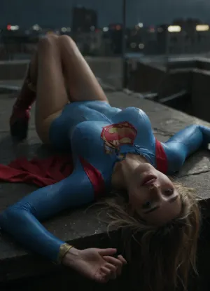 RAW image, Canon EOS R3, DSLR photo, 8k, best quality, (masterpiece:1.1), (realistic, photo-realistic:1.2), ultra high res, ((muscular), (fit and muscular)), backlight, (18 year old woman, blonde, beautiful), (woman's face post-orgasm:1.2), (close view of face:1.3), (wet hair), rain, ((rainy weather)), a dark raining city rooftop, ((rooftop)), ((toned shiny sexy supergirl, full-body catsuit)), (shiny catsuit), (ultra-thin catsuit material), (red platform boots), (on back with legs spread on a dark Skyscraper roof), sprawled on back, (head turned and laying on the ground), (body arched over broken and crushed metal rooftoop air-conditioner), (broken rooftop pieces laying around), (lying on top of wreckage), (side view near face), (mouth hanging open, vacant stare, eye roll:1.3), (watery cum is flowing from the pussy:1), (magically glowing blue cum:1), jizzed, ((night, rain)), (torn clothes, revealing clothes:1.2), <lora:BUT_SDXL_SHS:.6>, <lora:add-detail-xl:.6>, <lora:DetailedEyes_V3:.5>, <lora:dark:.3>