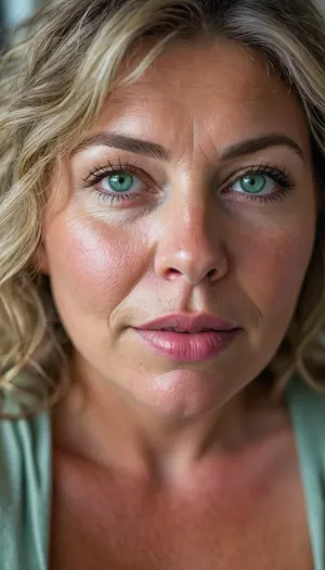 (photorealistic:1.3), (raw photo:1.2), close-up portrait, 1woman, mature woman, 50s, (seafoam green eyes with amber flecks:1.2), hooded eyelids, (detailed skin texture:1.2), pores, wrinkles, silver-grey hair at temples, amber brown hair, caramel highlights, voluminous hair, wearing light gray cotton tank top, low-GSM fabric, fabric tension, natural bust weight, (full lips:1.1), rosy-mauve lips, dimples, white teeth, (subtle sultry smile:1.1), 85mm lens, f/1.8, bokeh, soft editorial lighting, high-resolution, 8k, masterpiece, body-positive, unretouched., (fat milf:1.5), milf, saggy, natural, mature, olive skin tone, <lora:MJ52:.8>