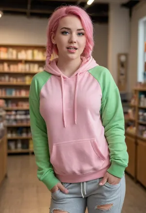 young realistic woman, pink hair, yellow highlights, braids, blue eyes, (chubby:1), protruding belly, large bust size, fat body, (blushing:1.5), green hoodie, zipper hoodie, grey sweatpants, skindentation, ((bursting seams)), (burst open hoodie front), (torn waistband), seam gaps, stressed clothes, fresh market, realistic photo, masterpiece, 4K