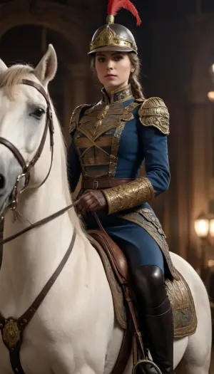 1910s Dieselpunk female hussar on horseback, riding horse, (1910s dieselpunk background), (night), full body, 1910s dieselpunk hussar armour and helmet, ultra detailed, intricate details, (photorealistic:1.2), 8k, UHD, warm side light, contrast, sharp focus, (masterpiece:1.2), detailed eyes, beautiful eyes, hyper detailed skin, hyper detailed nipples, hyper detailed breasts, natural breasts, natural body, average woman, 1910s