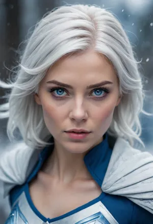 Female superhero, Norse woman, short silvery-white hair, piercing blue eyes, simple sleek form-fitting blue and white outfit, blizzard swirling around her, intense/focused expression, mystical, commanding ice magic