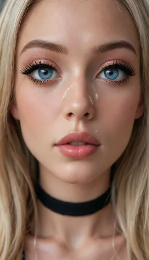 instagram photo, (close-up face:1.8), 18 y.o., slut, blonde hair, very long hair, big lips, beautiful face, black choker, extra detailed, high definition, (boobs:1.2), (blue eyes), (glamorous slut makeup:1.5), (((very very big long eyelashes:1.4))), (ab crack), ((wet Skin)), ((cum on face)), choker, covered long erect nipples, (in the bad), ((erotic pijamas:1.7)), shadows, bright light patches, light caustics, (Dynamic angle:1.5), round breasts, hard nipples, narrow waist, (big tits:1.3), (small butt:1.5), ((very skinny:1.5)), tears, short body, realistick, <lora:melanin-XL:1.3>
