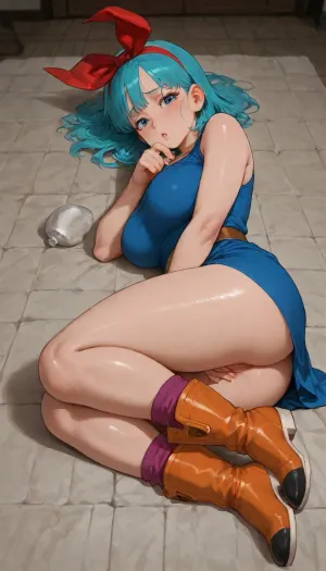 Bulma from Dragon Ball, short blue dress, red ribbon, orange boots.
Breasts, vivid dark blue and purple discoloration, mottled chilling pallor, prominent bulging blue veins, intricate blue venous network, severe localized oxygen deprivation.
lying on side, juicy details, pussy, masturbation, fingering, female_masturbation