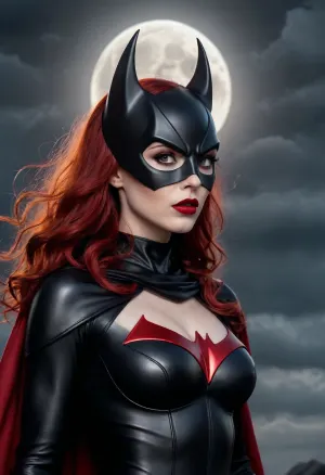 Female superhero, sleek black and red costume, bat emblem on her chest, long flowing red hair partially covering her face, full black cowl with pointed bat ears, fierce/confident expression, pale skin, dark red lipstick, large glowing full moon behind her, cloudy sky with dark tones, dramatic/intense atmosphere
