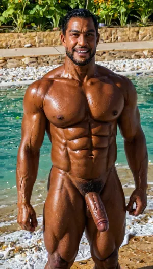 An iPhone candid video of a nude 51-year-old Hispanic man with short salt and pepper hair standing on a beach in Carlsbad, CA. He has a semi-athletic build, (dad bod:3), and a trimmed, hairy stomach, his large uncutwang hangs between his legs. He crosses his arms over his chest and gives a sly grin. The wind rustles his hair and the lavender bushes behind him., showing, his, face, and, cock, <lora:FaceAndCockV2:.6>