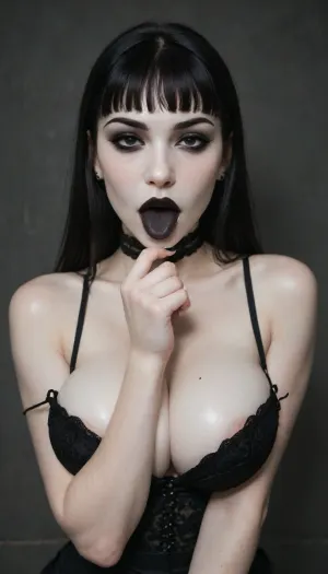 goth, (ash white skin:2.3), dark black eyes, (medium black cleopatra hair with bangs:1.3), (black eyeliner:1.5), (black lipstick), (black tongue1.3), full lips, fully clothed, complete street whore outfit, large full breasts, nice hips, perky boobs, pokies, seductive smirk, (pornmodel pose:1.5), (blowjob:1.5), <lora:legupsex_XL_9_-000009:.8>