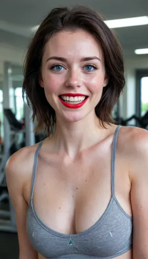 Raw photo, 8k uhd, high quality, high definition, ultra detailed, woman, 20 yrs, blue eyes, very skinny but with wide hips, at the gym, short jet black hair, tiny cotton grey workout bra, tiny cotton grey workout bottom, thong style, sweaty, cameltoe, natural boobs, hips, pale, skin, <lora:Pale_Skin_SDXL_v1.0:.7>, no makeup except bright red lipstick, freckles, oily hair, messy hair, sweaty hair, imperfect teeth, big confident open-mouth smile, below-average looking woman but still alluring and powerful, she knows she has sexual energy