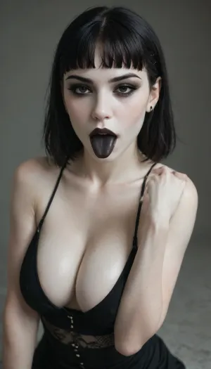 goth, (ash white skin:2.3), dark black eyes, (medium black cleopatra hair with bangs:1.3), (black eyeliner:1.5), (black lipstick), (black tongue1.3), full lips, fully clothed, complete street whore outfit, large full breasts, nice hips, perky boobs, pokies, seductive smirk, (pornmodel pose:1.5), (blowjob:1.5), <lora:legupsex_XL_9_-000009:.8>