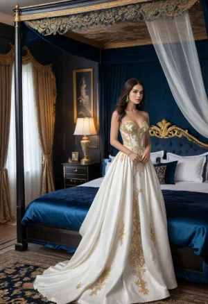 (Modern aristocrat:1.1), (lavishly furnished extravagant bedroom:1.2), silk bedsheets, modern mansion bedroom, (modern wealthy women in white dress with blue and gold embroidery:1.4), standing in front of bed, modern era mansion bedroom, (gilded black marble bedroom theme:1.3), tufted headboard, (canopy bed with curtains:1.2), pitch black hair, many many pillows, close up view, close up view of chest