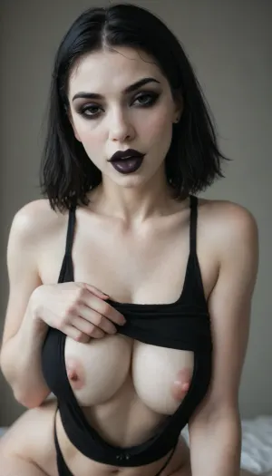 goth, (ash white skin:2.3), dark black eyes, (medium black cleopatra hair with bangs:1.3), (black eyeliner:1.5), (black lipstick), (black tongue1.3), full lips, fully clothed, complete street hooker outfit, large full breasts, nice hips, perky boobs, pokies, seductive smirk, (goth pornmodel pose:1.5), gesturing blowjob, <lora:legupsex_XL_9_-000009:.8>