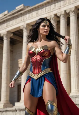 Female superhero, powerful, muscular woman, Greek woman, long flowing black hair, confident expression, striking costume, armor, strapless red bodice with a golden eagle emblem on her chest, blue bottoms, metallic silver bracers, strong posture, clenched fists, strong shadows, ancient city with classical architecture